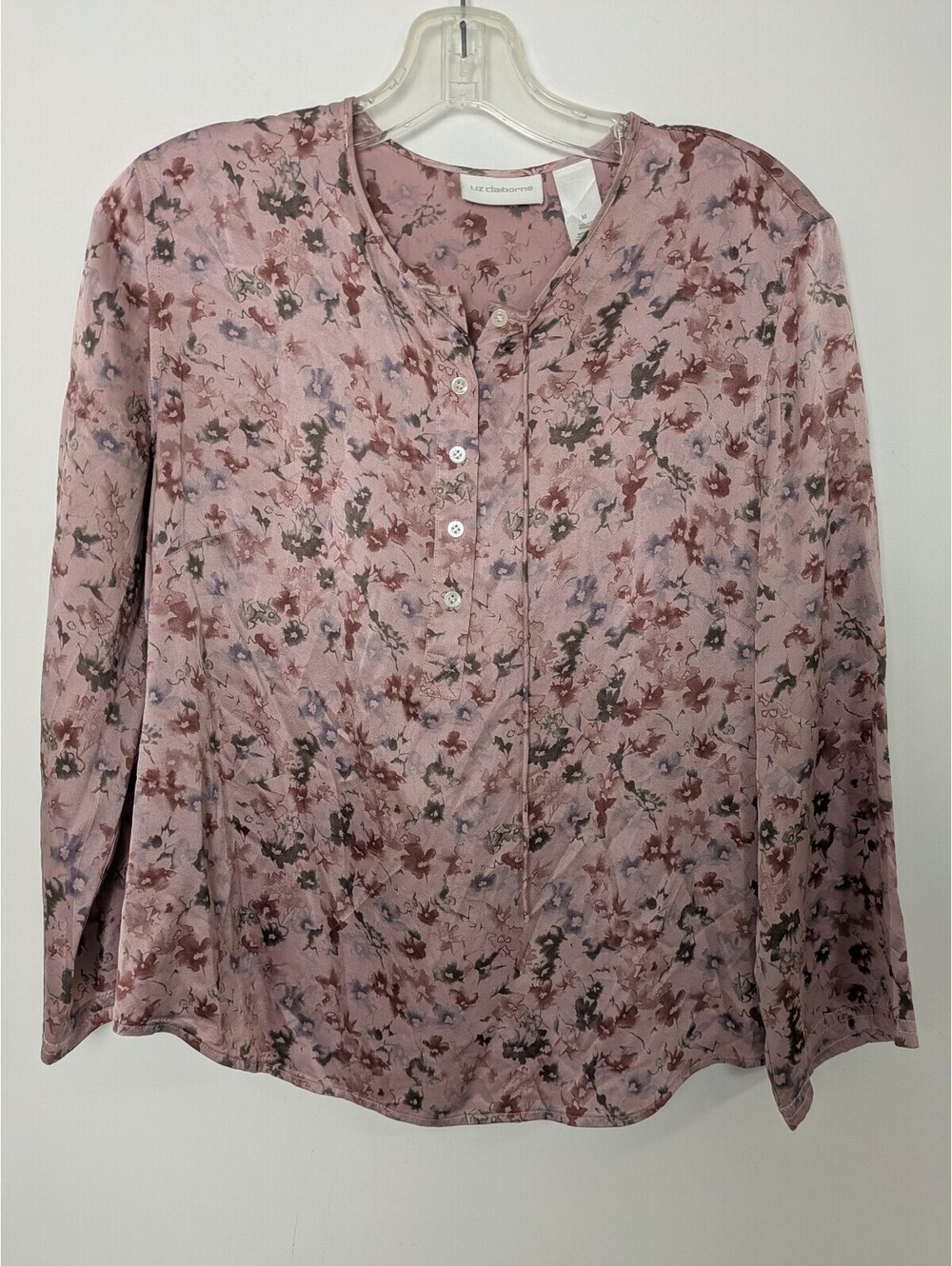 Liz Claiborne 100% Silk Mauve Floral Long Sleeve Henley Blouse Top Size Medium